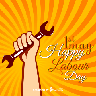 1st may Happy labour day sun burst background with worker hand and tool