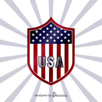 USA flag on shield with blue sunburst rays background
