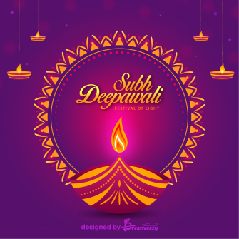 Subh Deepawali Greeting Design purple background with bright diya