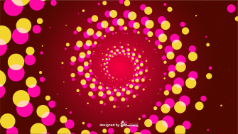 Abstract colorful pink yellow dots twirl illustration on a dark red background