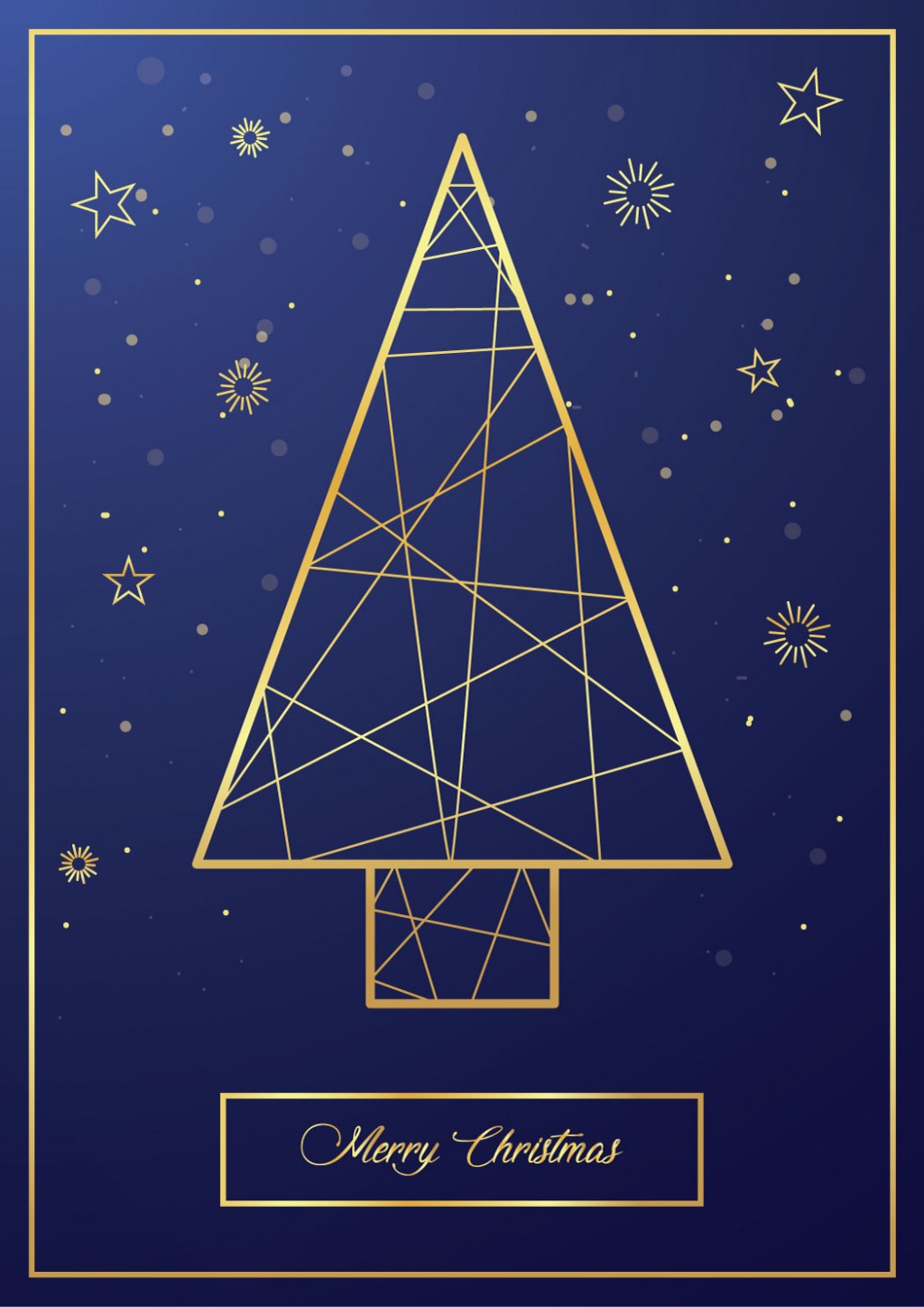 Golden Line Christmas Tree. Festive Greeting Card Design on Dark Blue Background