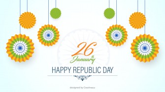 Happy republic day wishes with tiranga color batches on blue white artwork