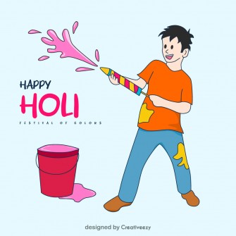 Colorful Holi Scene Boy with Pichkari, Bucket of Colors, 'Happy Holi'