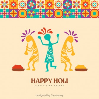 Festive Holi Greetings People Dance, Play Instruments Amid Colorful Joy.