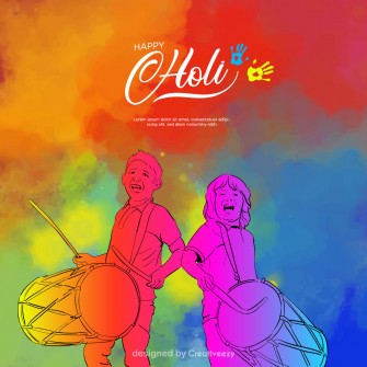 Colorful Holi Drums Children Playing, 'HAPPY Holi' Text, Vibrant Background