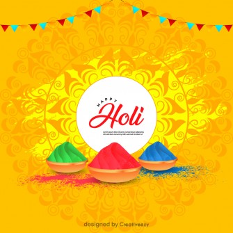 Vibrant Holi Greeting Clay Pots Overflowing with Color, Cheerful Yellow Background