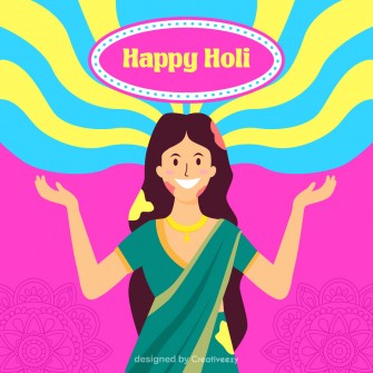 Festive Holi Greeting Woman in Green Saree, Colors Galore, Joy Unleashed